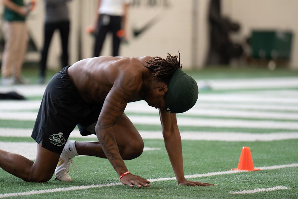 Michigan State football players participate in Pro Day for NFL Scouters at the Duffy Daugherty and Clara Bell Smith Student Athlete Academic Center in East Lansing, MI, on March 19, 2026