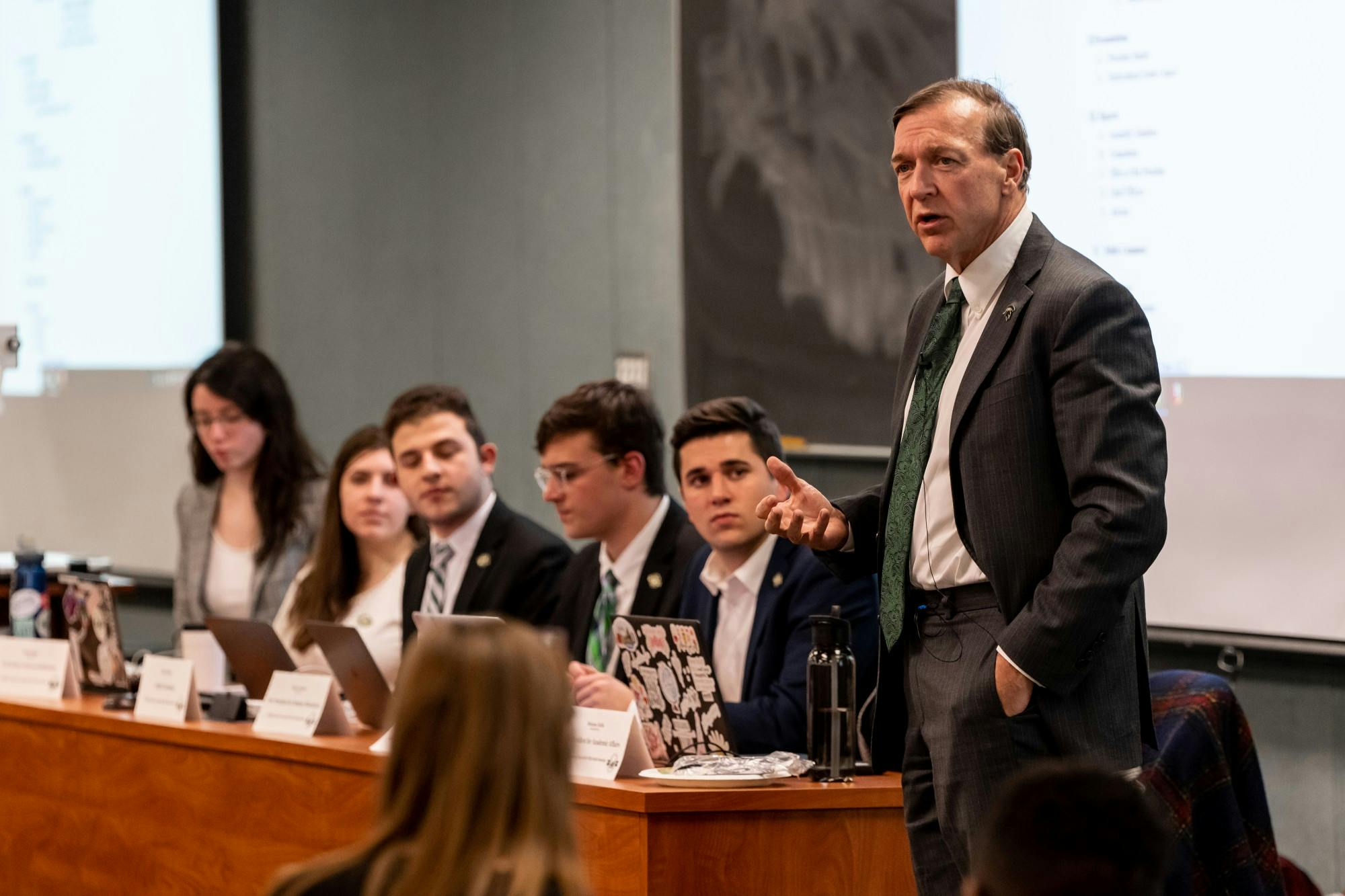 <p>MSU President Samuel L. Stanley Jr. speaks during an ASMSU general assembly meeting on Jan. 16, 2020 at the MSU International Center. </p>