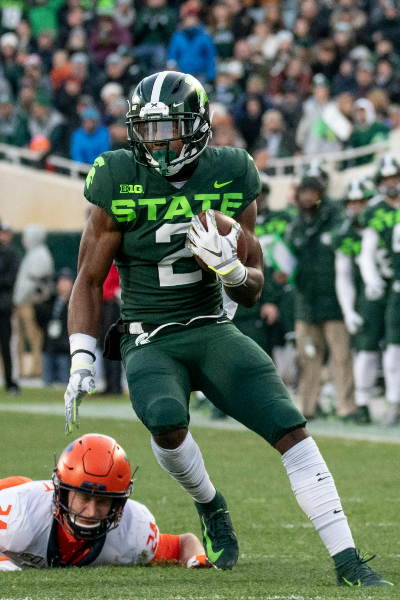 <p>Then-freshman wide receiver Julian Barnett (2) runs upfield during the game against Illinois on Nov. 9, 2019, at Spartan Stadium.</p>