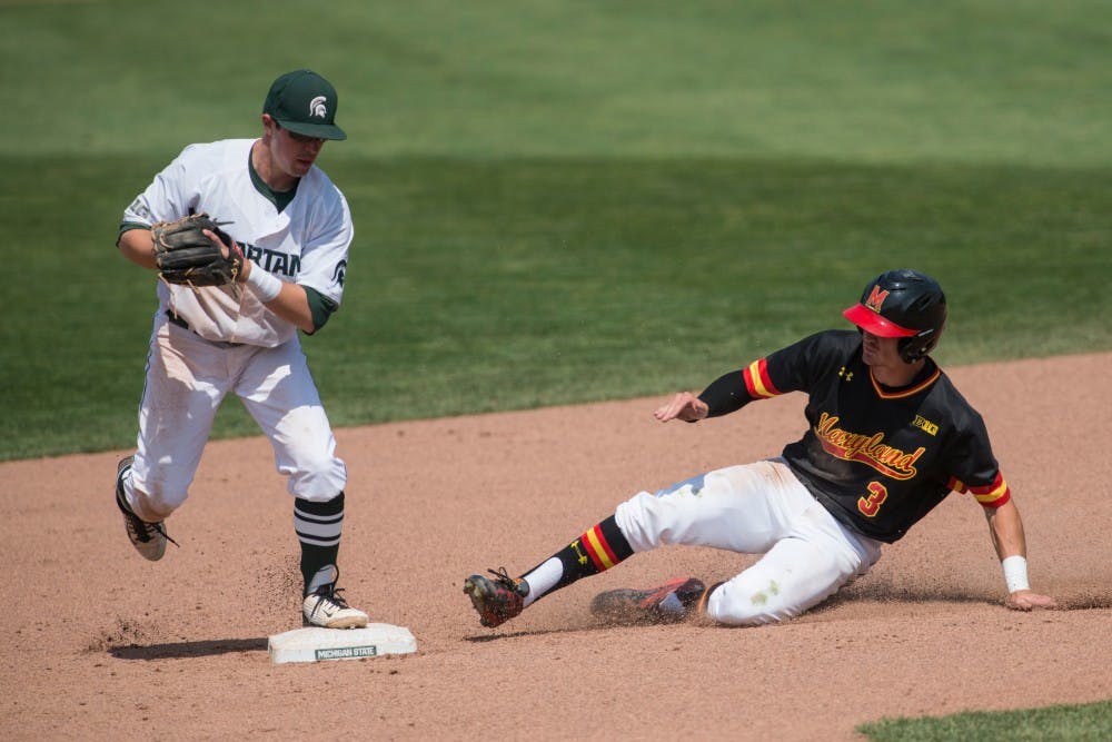 Junior infielder Dan Durkin (9) forces out Maryland outfielder Anthony Papio (3) during the game against Maryland on May 21, 2016 at McLane Baseball Stadium at Kobs Field. The Spartans were defeated by the Terrapins, 6-4.