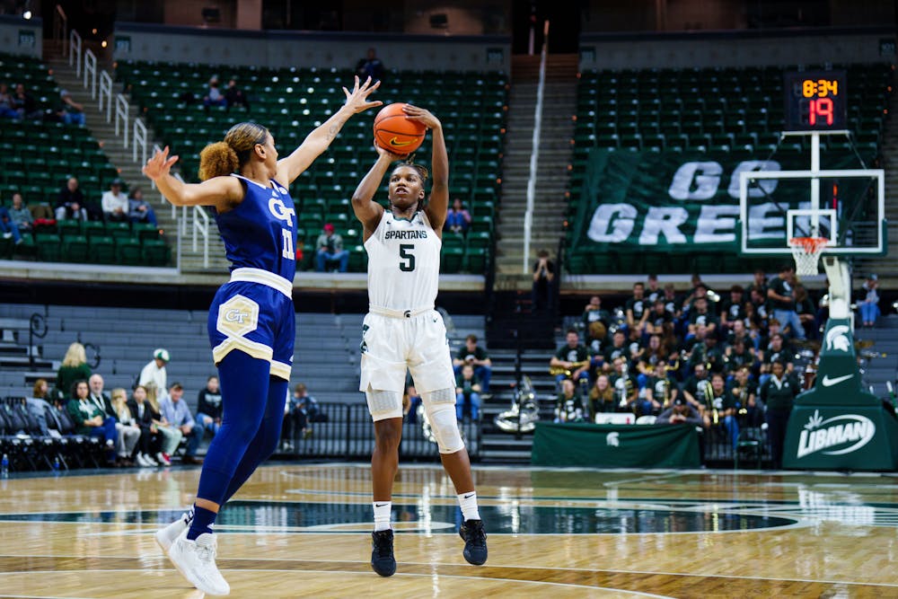 <p>Graduate Student guard Kamaria McDaniel (5) shoots a jump shot during a game against Georgia Tech, held at the Breslin Center on Dec. 1, 2022. The Spartans fell to the Yellow Jackets 66-63.</p>