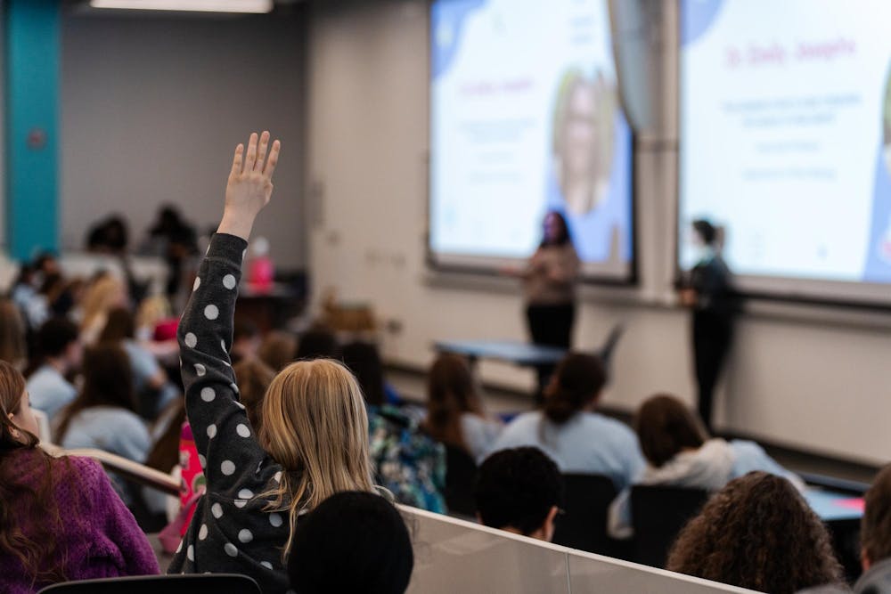<p>A guest prepares to ask a question during the Q&amp;A session at the Girls Math and Science Day event at the STEM Teaching and Learning Facility in East Lansing, Michigan on Saturday, March 14, 2026.</p>