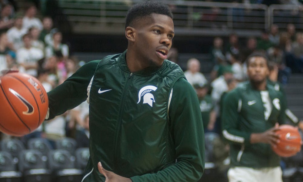 Junior guard Eron Harris practices prior to the game against Wisconsin on Feb.18, 2016 at Breslin Center. The Spartans defeated the Badgers, 69-54.