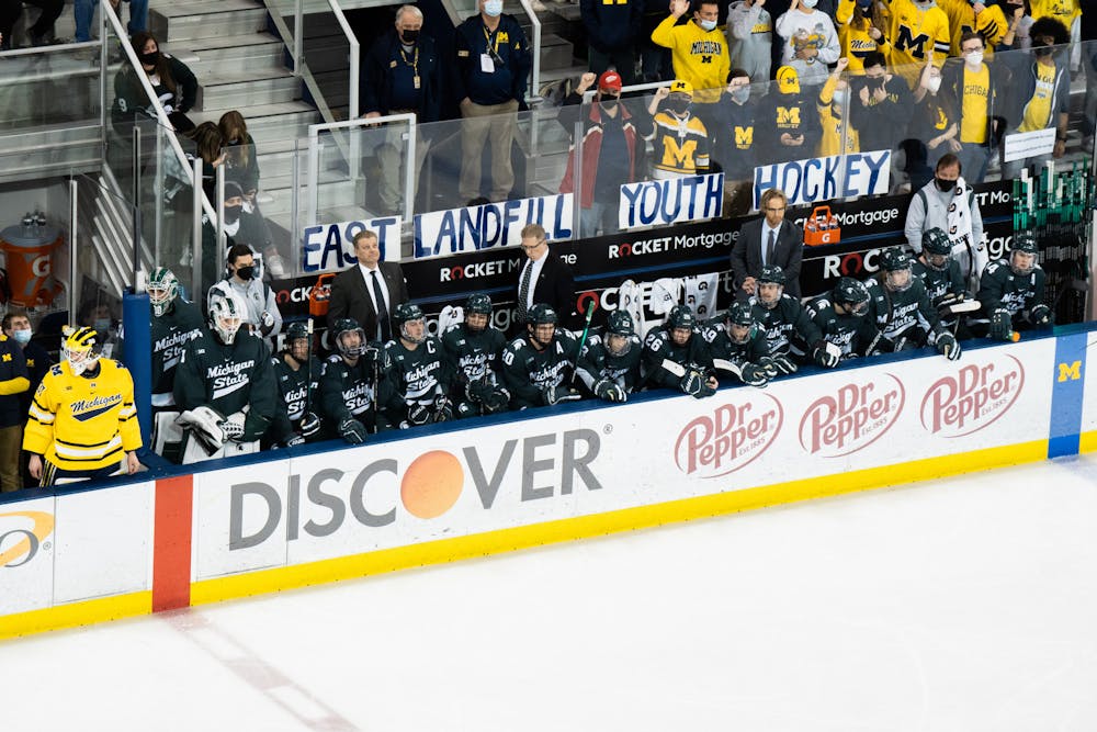 <p>Head coach Danton Cole oversees a penalty ruling as MSU falters on the ice. MSU&#x27;s hockey season came to an end after a second loss to the University of Michigan in the Big Ten Men&#x27;s Hockey Tournament at Yost Ice Arena on March 05, 2022.</p>