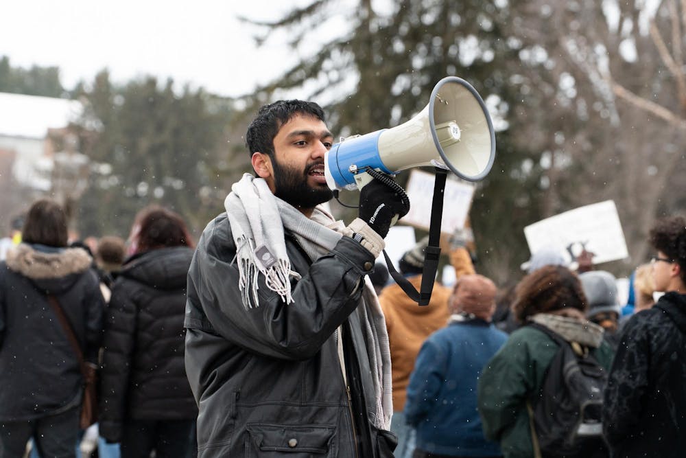 <p>Students gather to protest ICE at Michigan State's Spartan Statue in East Lansing, Michigan on Thursday, Jan. 29, 2026.</p>