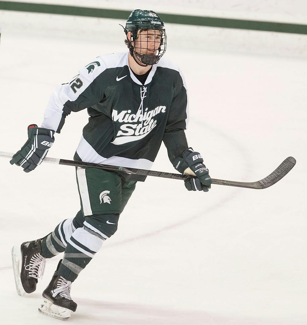	<p>Freshman forward Ryan Keller smiles after making the only <span class="caps">MSU</span> goal against Ferris State in the first periord. The goal was also Keller&#8217;s first in collegiate level. The Bulldogs defeated the Spartans, 2-1, Friday, Jan. 18, 2013, at Munn Ice Arena. Justin Wan/The State News</p>