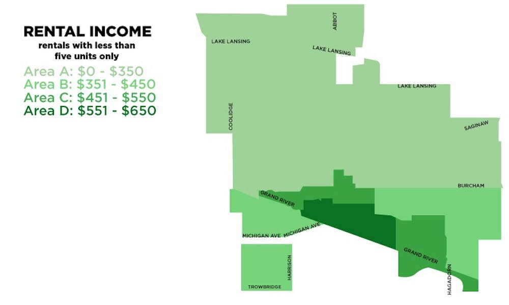 <p>A map outlining the boundary zones for average rental income needed to lease a home. These are the most recent statistics for East Lansing.&nbsp;</p>