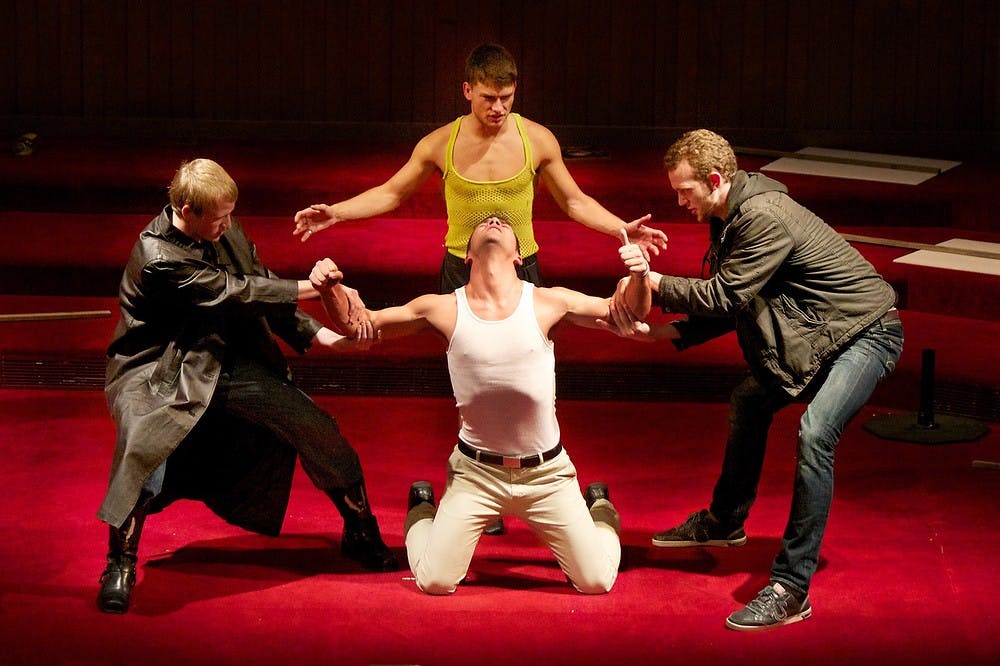 	<p>Music performance sophomore Jon Oakley, L-R, junior Zachary Niedzwiecki, junior Peter Boylan and junior Joshua Gronlund, back, act out a scene from the play &#8220;Kurt Weill: 2012 But the Days Grow Short&#8230;&#8221; during rehearsal at the <span class="caps">MSU</span> Community Music School Auditorium. Photo courtesy of Kathleen Adams</p>