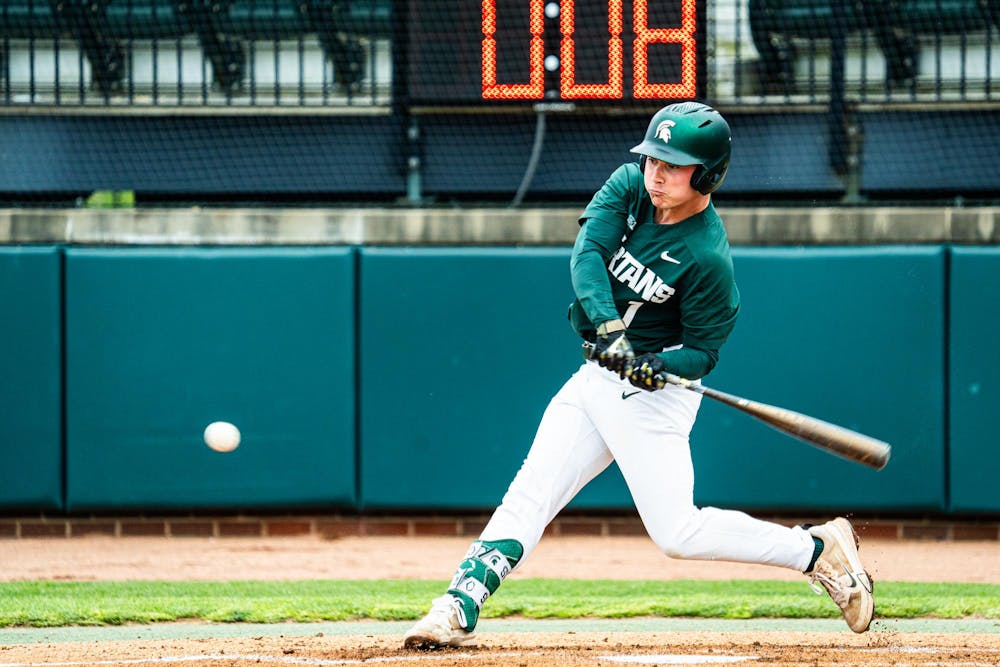 MSU sophomore infielder Ryan McKay (1) swings at a ball during a game at McLane Stadium on April 13, 2025.