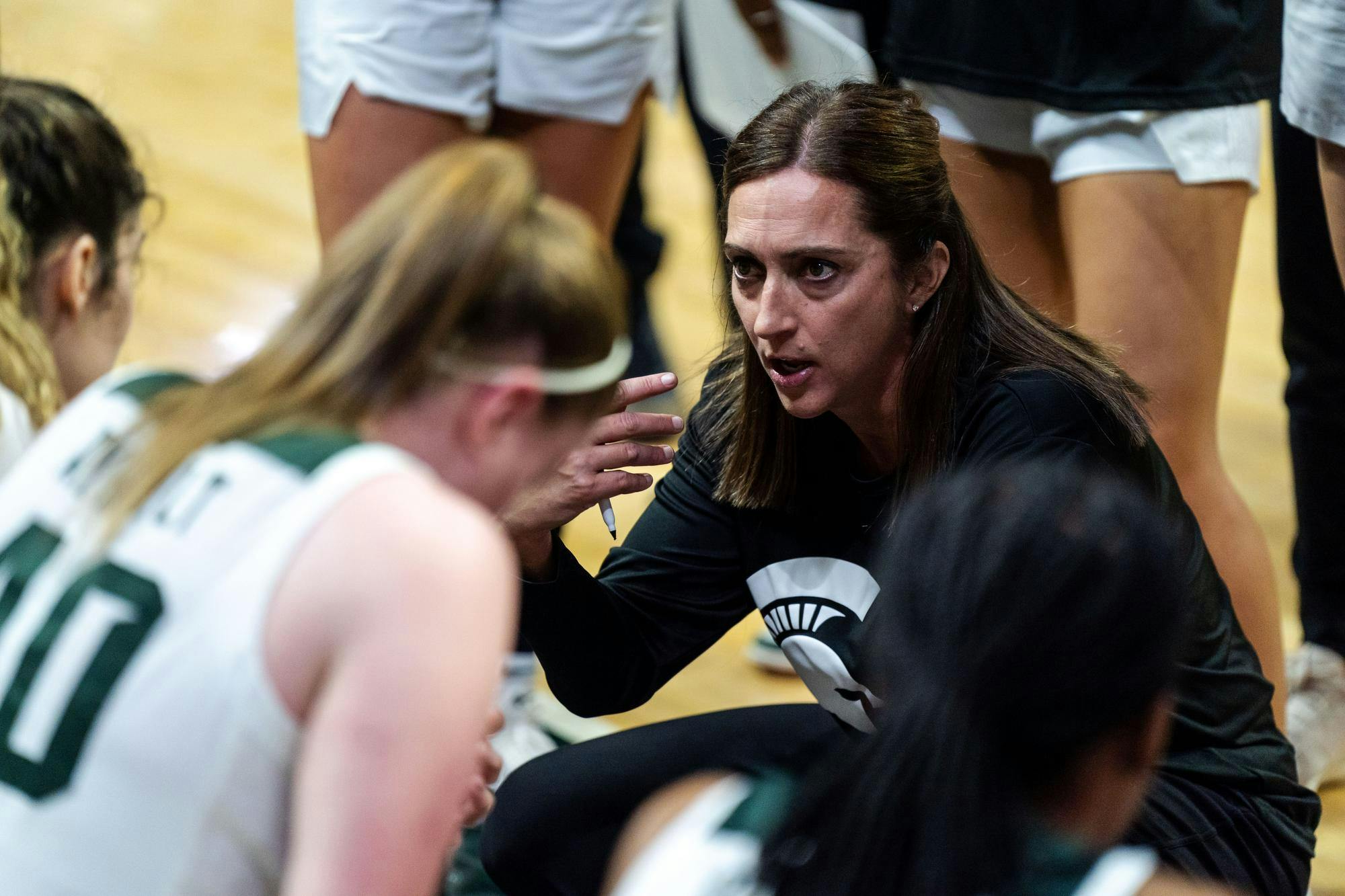 <p>Michigan State head coach Robyn Fralick talks to her players during a timeout against University of Michigan at the Breslin Center on Feb. 9, 2025. Michigan State lost 71-61, falling to 18-5 overall and 8-4 in the Big Ten.</p>