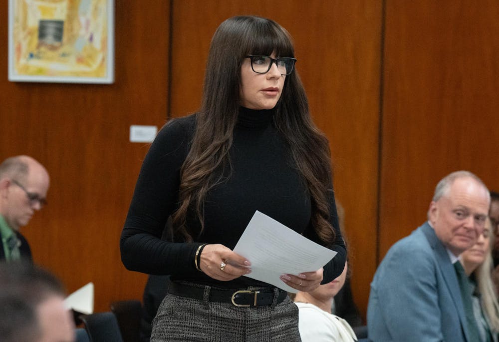 <p>Sexual violence awareness speaker and victim of Mel tucker's harassment, Brenda Tracy approaches the podium to confront the Board of Trustees during a meeting at the Hannah Administration building in East Lansing, Michigan, on Oct. 25, 2024.</p>