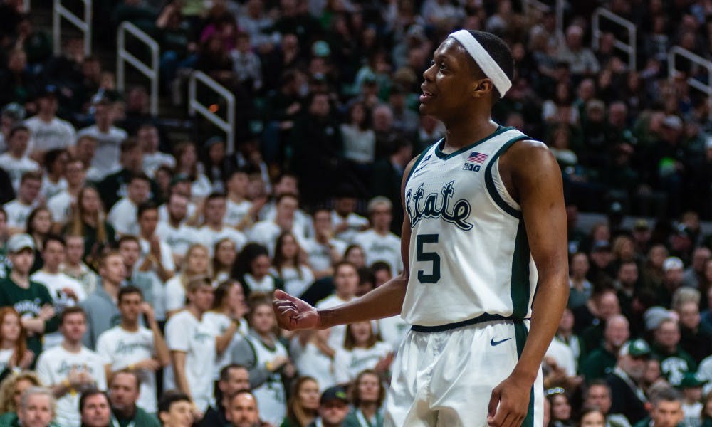 Junior guard Cassius Winston calls for the ball against Minnesota. MSU beat Minnesota 79-55 at the Breslin Center on Feb. 9, 2019.