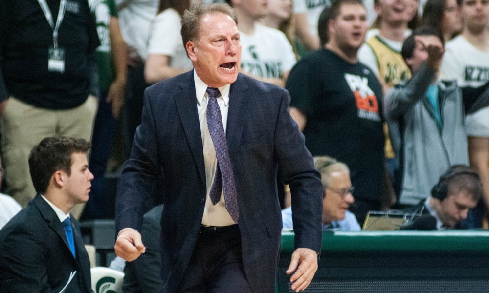 Head Coach Tom Izzo shouts at a referee across the court during the game against Nebraska on Dec. 3, 2017, at Breslin Center. The Spartans defeated the Cornhuskers 86-57.