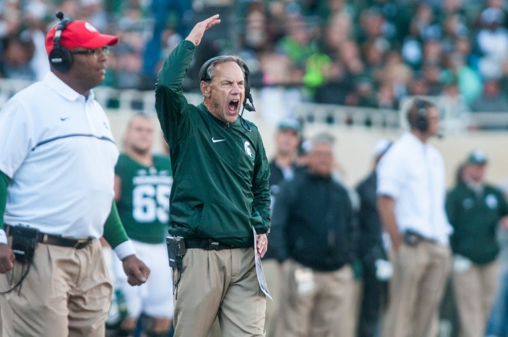 Head coach Mark Dantonio reacts to a play during the game against Brigham Young University on Oct. 8, 2016 at Spartan Stadium. The Spartans were defeated by the Cougars, 31-14.
