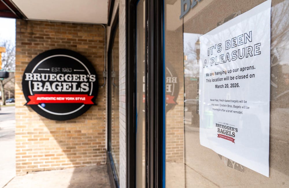 <p>Brueggers Bagels hangs a sign on the front door letting the public know of its closing on Grand River Ave. in East Lansing, MI on March 25, 2026.</p>