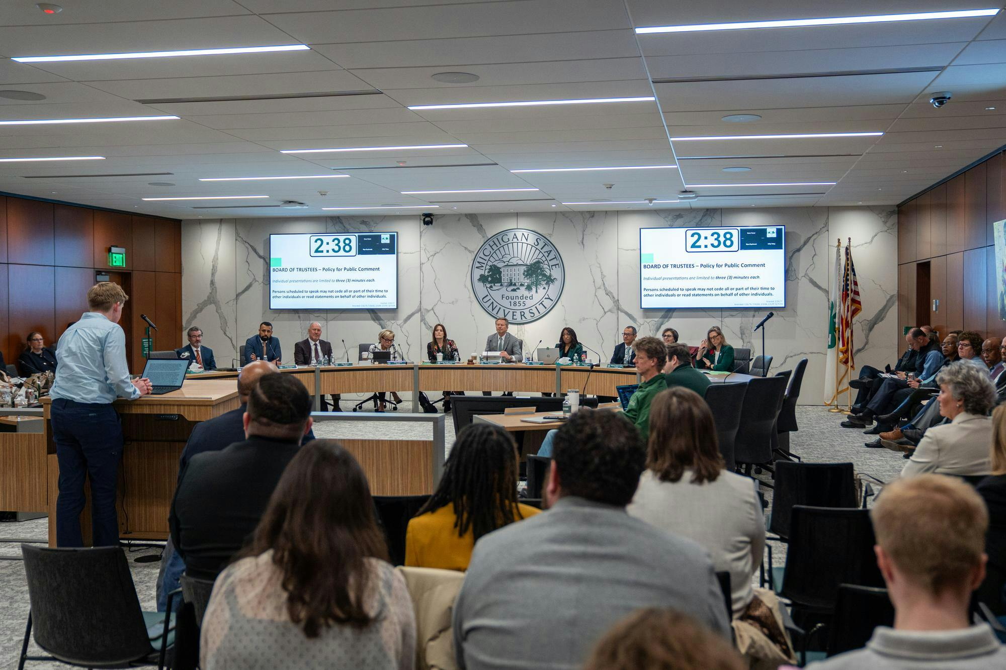 Public comment to the MSU Board of Trustees at Hannah Administration Building in East Lansing, Michigan on Friday, April 10, 2026.