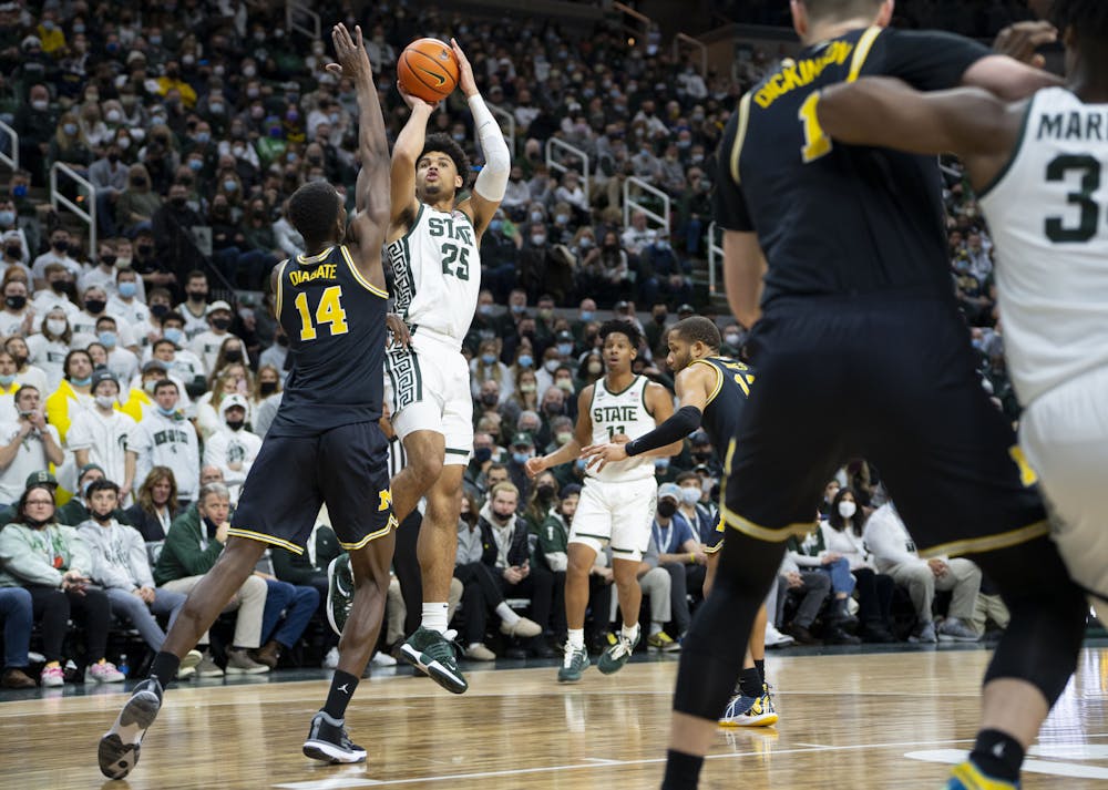<p>Junior forward Malik Hall (25) takes a shot during MSU’s game against the University of Michigan on Saturday, Jan. 29, 2022. The Spartans ultimately beat the Wolverines 83-67.</p>