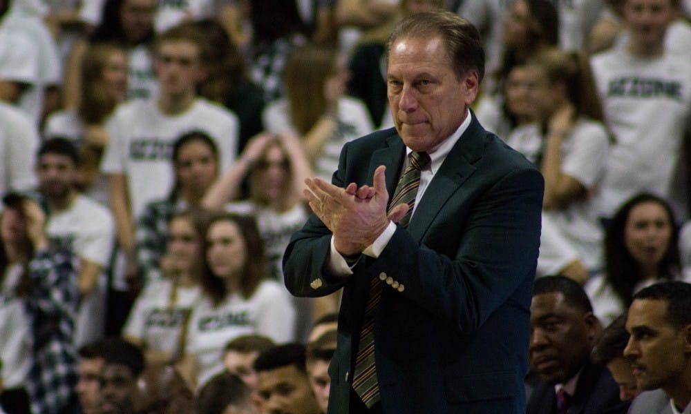 Head Coach Tom Izzo claps at a point scored during the game against North Florida on Nov. 10, 2017, at Breslin Center. The Spartans defeated the Ospreys 98-66.
