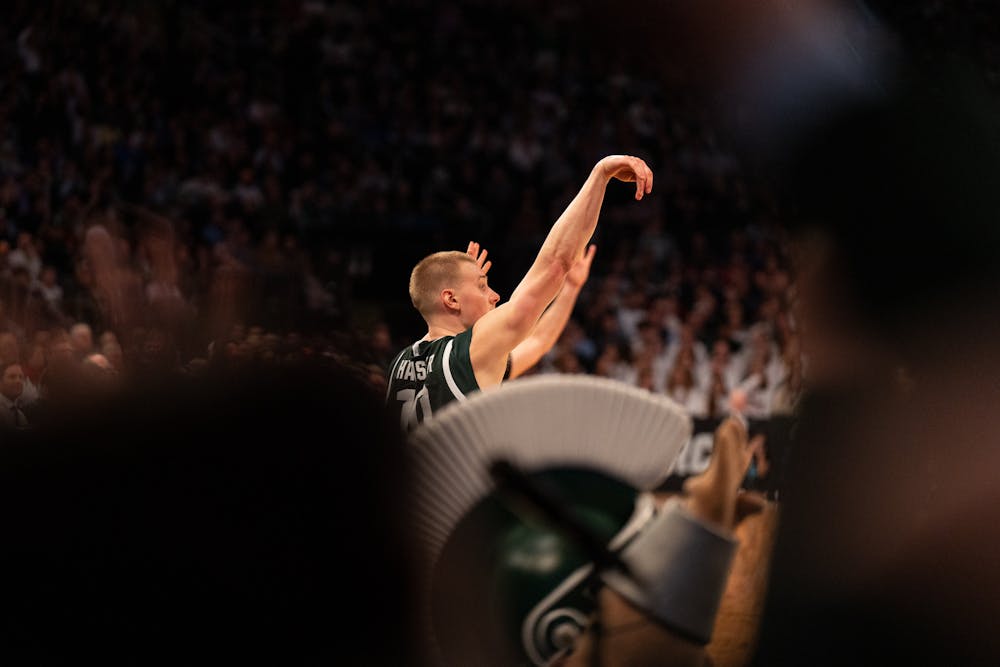 Graduate student forward Joey Hauser shoots the ball during the Spartans' Sweet Sixteen matchup with Kansas State at Madison Square Garden on Mar. 23, 2023. The Spartans lost to the Wildcats 98-93 in overtime.