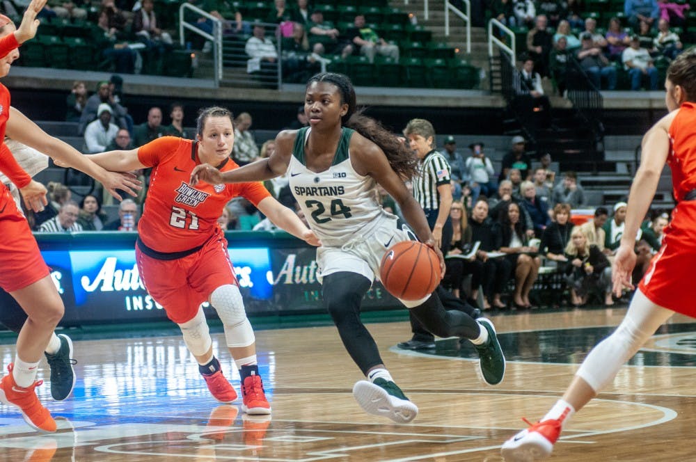 Freshman guard Nia Clouden (24) takes the ball during the game against Bowling Green on Nov. 6, 2018 at Breslin Center. The Spartans lead the Falcons at halftime, 20-15.
