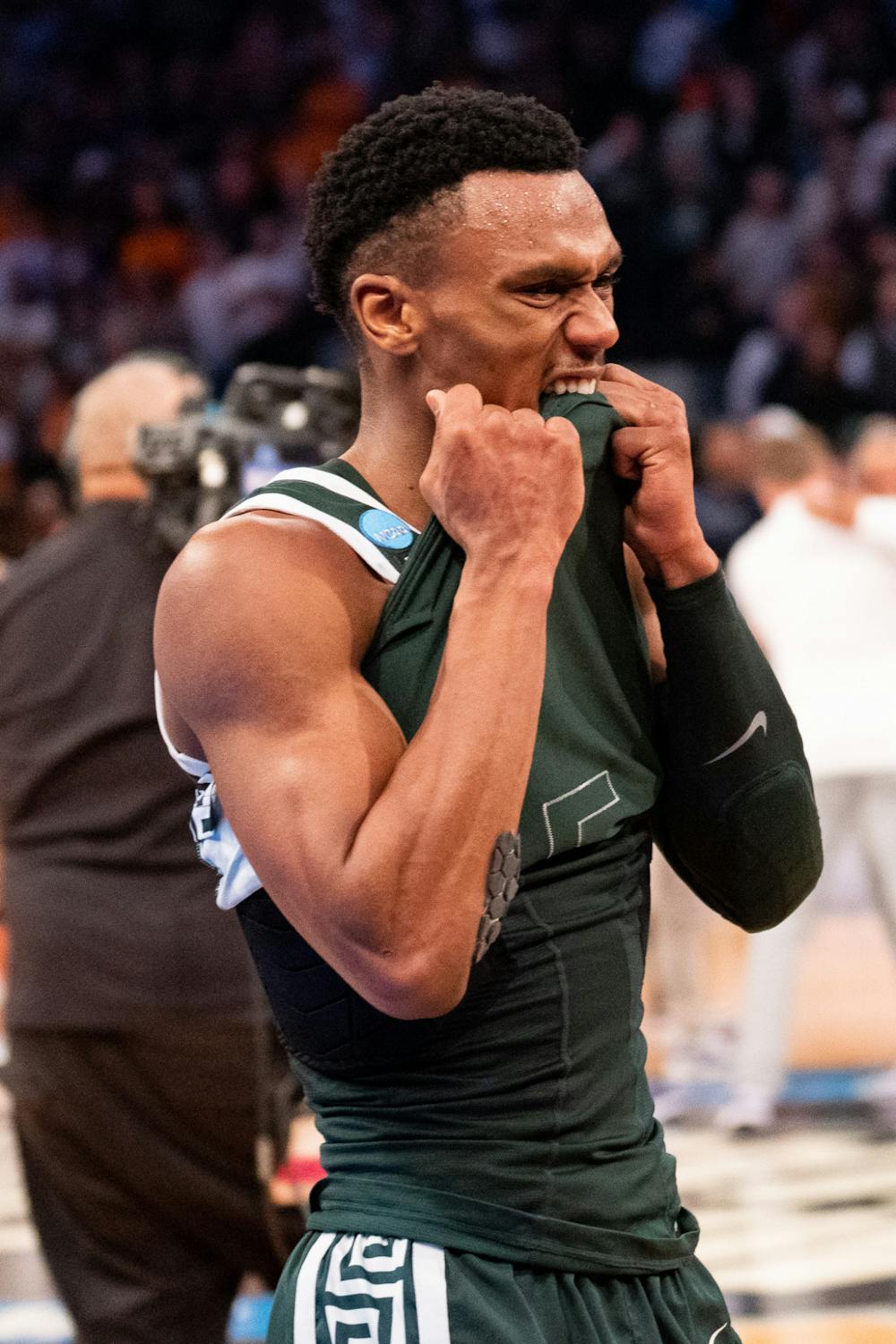 Senior guard Tyson Walker frustrated after the Sweet Sixteen matchup against Kentucky State University at Madison Square Garden on March 23, 2023. The Spartans fell to the Wildcats with a score of 98-93. 