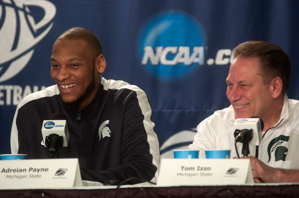 <p>Senior forward Adreian Payne and head coach Tom Izzo talk to the media March 29, 2014, at Madison Square Garden in New York City. The Spartans will face Connecticut in the Elite Eight at 2:20 p.m. tomorrow. Julia Nagy/The State News</p>