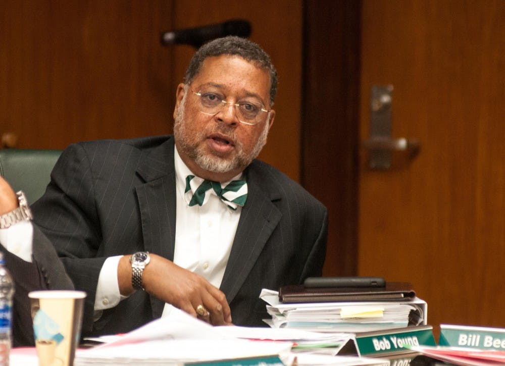 <p>Bob Young speaks at the Action Meeting of Board of Trustees at the Hannah Administration Building on June 22, 2018.</p>