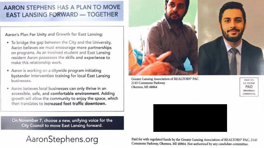 <p>A flyer supporting East Lansing City Council candidate Aaron Stephens, mailed to residents and sponsored by the Greater Lansing Association of Realtors PAC.&nbsp;</p>