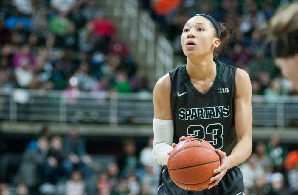 Senior forward Aerial Powers prepares to shoot a free throw during the second half of the game against Iowa on Jan. 16, 2016 at Breslin Center. The Spartans defeated the Hawkeyes, 80-73. 