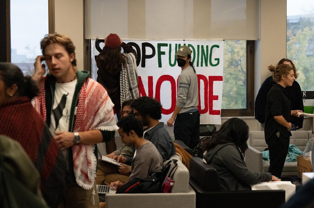 Students with pro-Israel divestment group Hurriya MSU occupy the office of the provost lobby in the Hannah Administration building after the Oct. 25, 2024 Board of Trustees meeting.