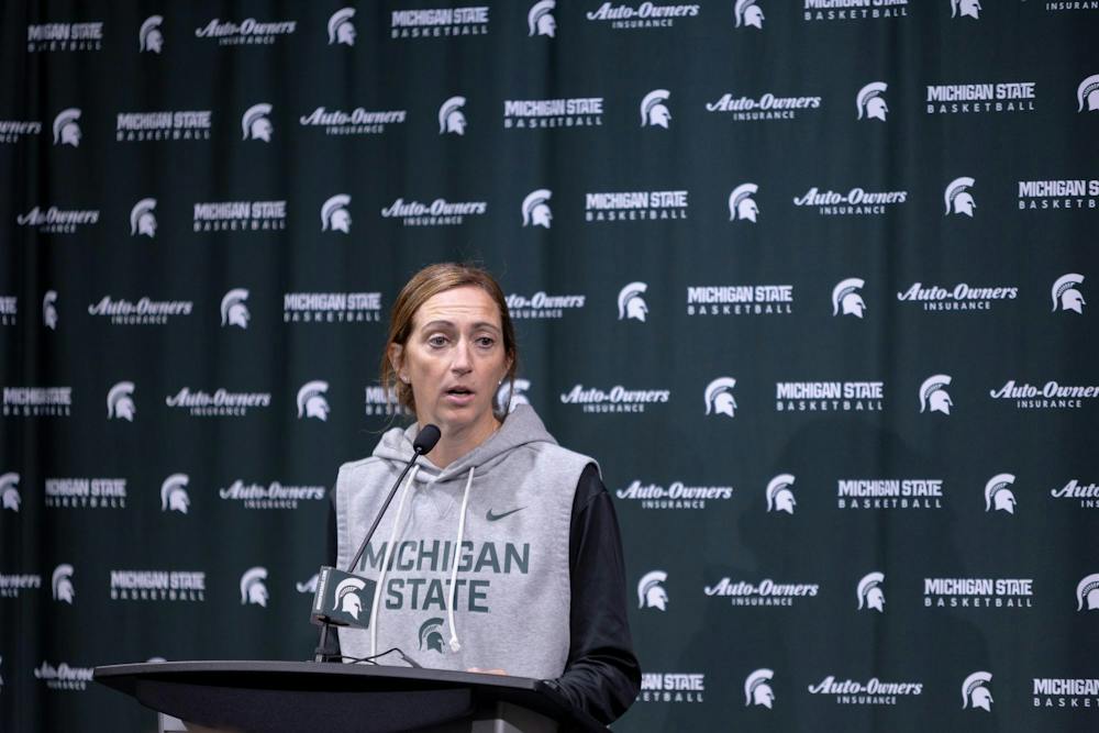 <p>Michigan State head women's basketball coach Robyn Fralick at the press conference for the first day of practice for MSU women's basketball at the Breslin Center in East Lansing, Mich., on Tuesday, Sept. 22, 2026.</p>