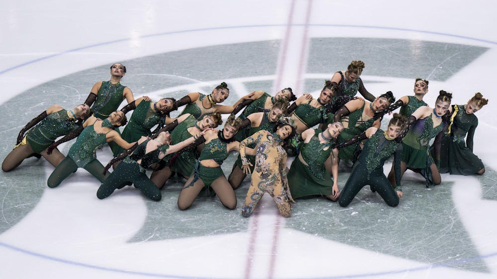 The Harmony Theatre Company competes for the Nations and Gold Cup for the Theater on Ice 2026 competition in the Munn Ice Arena in East Lansing, Mich., on April 26, 2026. 