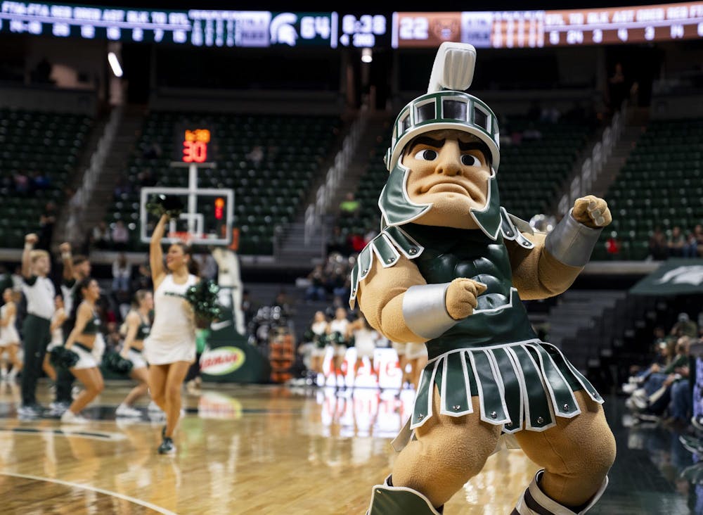 Sparty dances during a time out at the MSU vs. Oakland University women's basketball game in the Breslin Student Center on Nov. 5, 2024. 