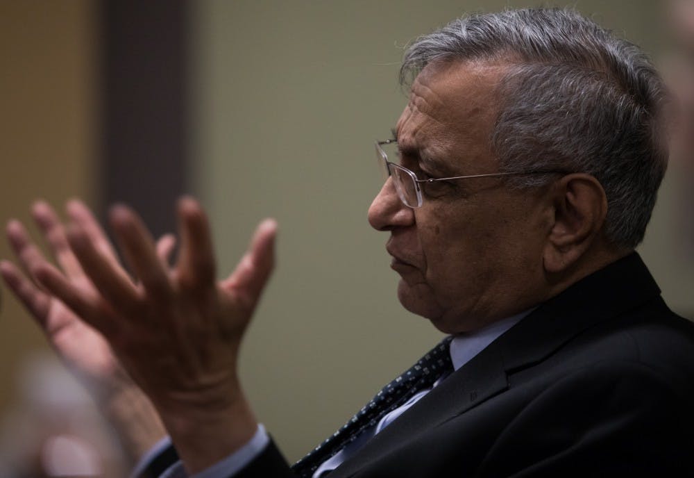 Interim President of Michigan State University Satish Udpa sits down with the State News Editorial Board at the State News office April 17, 2019.