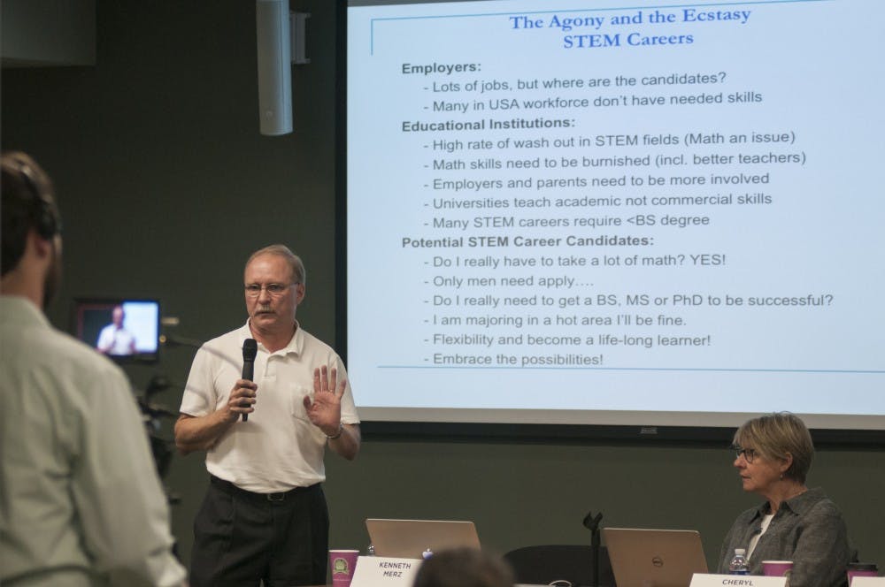 Professor Kenneth Merz speaks during a Sharper Focus/Wider Lens panel hosted by the Honors College on Sept. 27, 2016 in the Main Library. Merz spoke on some difficulties facing students in STEM fields. 