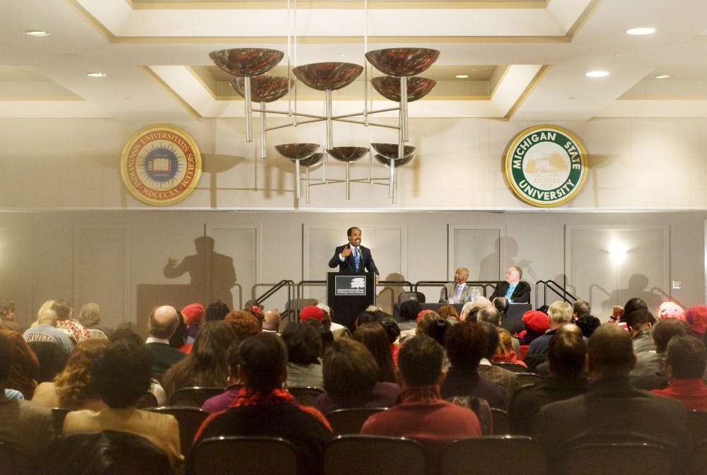 <p>Dr. Frederick D. Haynes III, civil rights activist and pastor from Dallas, speaks to the audience Feb. 2 evening at Kellogg Center. Haynes was one of the three speakers at the Slavery to Freedom lecture series. Justin Wan/The State News</p>