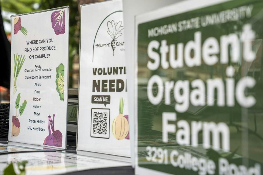 <p>Signs displaying locations of fresh produce from the Student Organic Farm during their pop-up tent event in the MSU Union courtyard in East Lansing, Mich., on Wednesday, Sept. 16, 2026.</p>