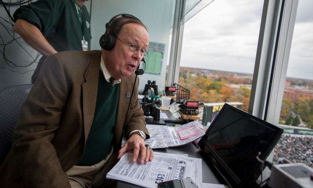 <p>George Blaha announces during the game against Indiana on Oct. 24, 2015 at Spartan Stadium. The Spartans defeated the Hoosiers, 52-26.</p>