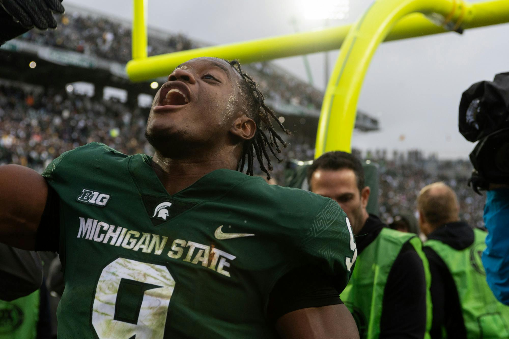 <p>Walker celebrates the Spartan&#x27;s victory over the Wolverines and the win of the Paul Bunyan trophy. Oct. 30, 2021. </p>