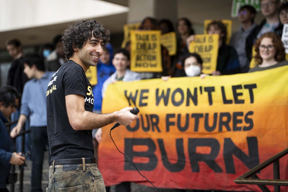 <p>MSU Sunrise Movement communications chair and political theory junior Sameer Saraswat speaks to students during a protest at the Hannah Administration Building on March 28, 2025. Organized by the MSU Sunrise Movement, the event called for MSU leaders to address the Green New Deal.</p>
