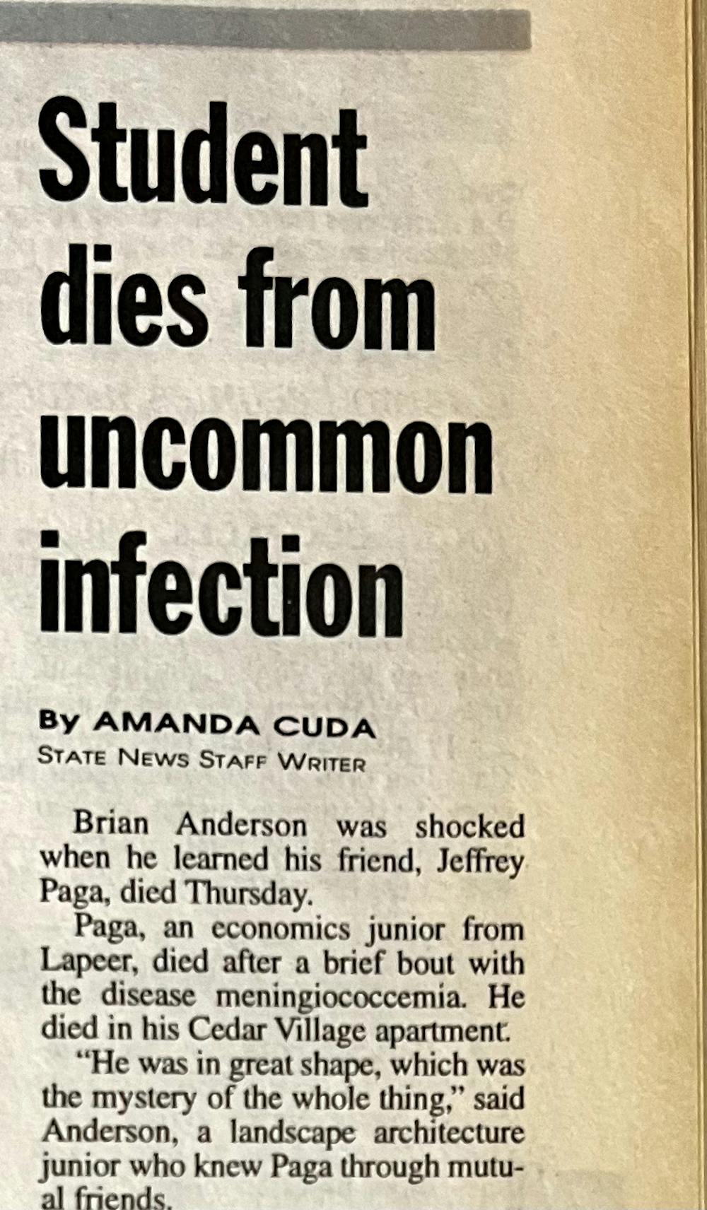 A December 1996 State News article describing economics junior Jeffrey Paga's death.