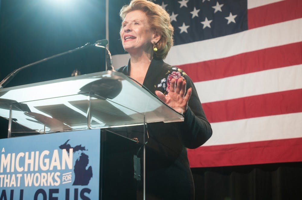 Senator Debbie Stabenow speaks to Democratic supporters on Nov. 4, 2014, at MGM Grand Detroit on 1777 3rd St. in Detroit, Mich. Stabenow joined the stage with Democrat Gary Peters who won the U.S. Senate seat for Michigan. 