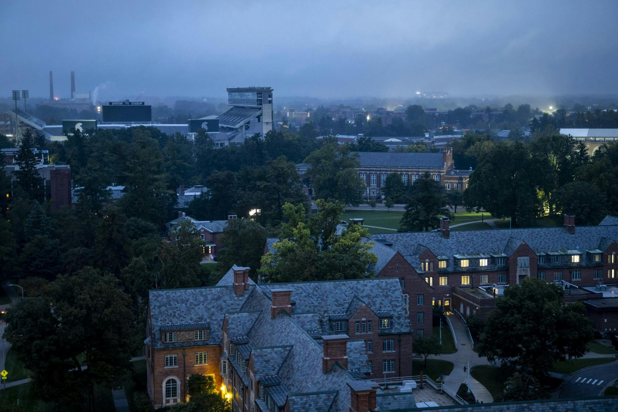 <p>Michigan State University campus emergency lights remain illuminated as daylight fades during a campuswide power outage in East Lansing, Mich., on Saturday, Sept. 19, 2026.</p>