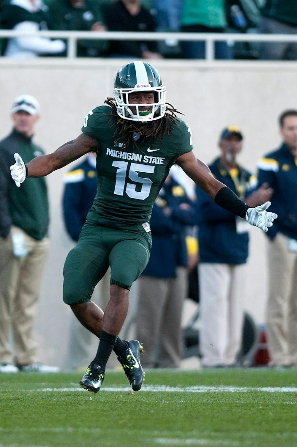 <p>Junior cornerback Trae Waynes reacts to a Michigan incomplete pass during the game against Michigan on Oct. 25, 2014, at Spartan Stadium. The Spartans defeated the Wolverines, 35-11. Jessalyn Tamez/The State News </p>