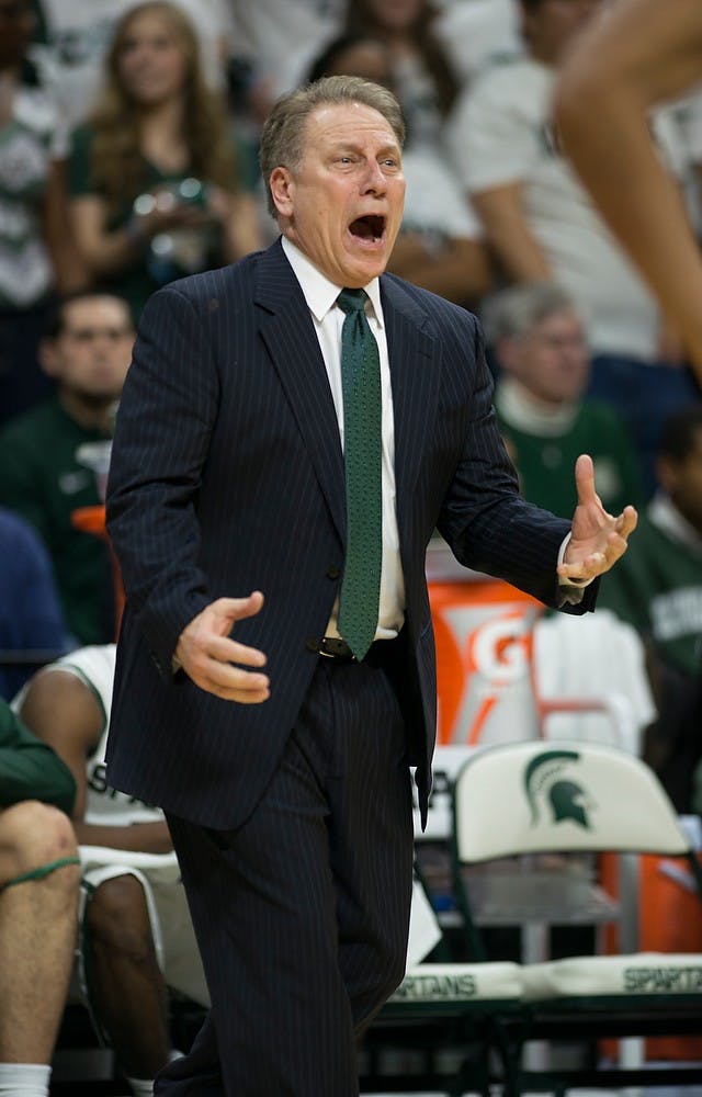 <p>Head coach Tom Izzo reacts to a call on Mar. 4, 2015, during the Michigan State basketball game against Purdue at Breslin Center, 534 Birch Rd. The Spartans defeated the Boilermakers, 72-66. Emily Nagle/The State News</p>