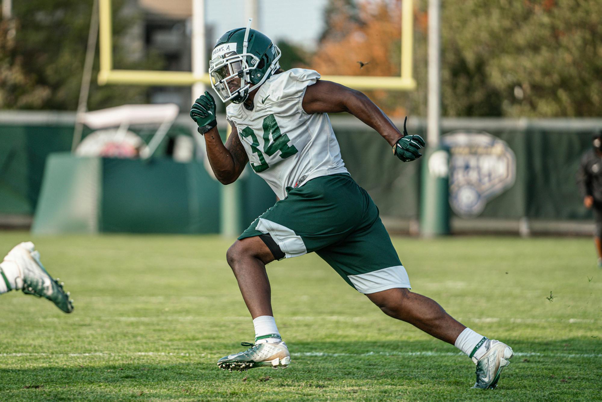<p>Senior linebacker Antjuan Simmons at practice Sept. 21, 2020. Photo courtesy of Michigan State Athletic Communications.</p>