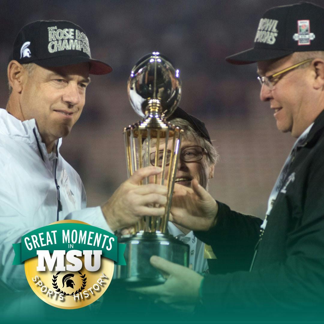 Former head coach Mark Dantonio, left, former MSU president Lou Anna K. Simon, middle, and former athletic director Mark Hollis, right, hold the trophy after the 100th Rose Bowl game against Stanford on Jan. 1, 2014, in Pasadena, California. The Spartans defeated the Cardinals, 24-20. Photo by Julia Nagy. Design by Daena Faustino.