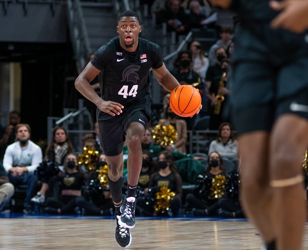 <p>Senior forward Gabe Brown (44) in the Spartans&#x27; game against the Oakland Golden Grizzlies at Little Caesars Arena on Tuesday, Dec. 21, 2021. </p>