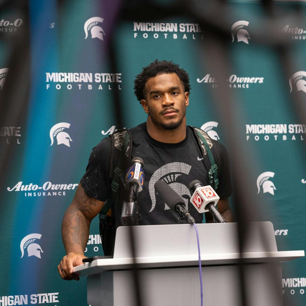 <p>Michigan State LB, Jordan Hall, answers questions during a press conference in the Skandalaris Football building in East Lansing, Mich., on Aug. 6, 2026.</p>