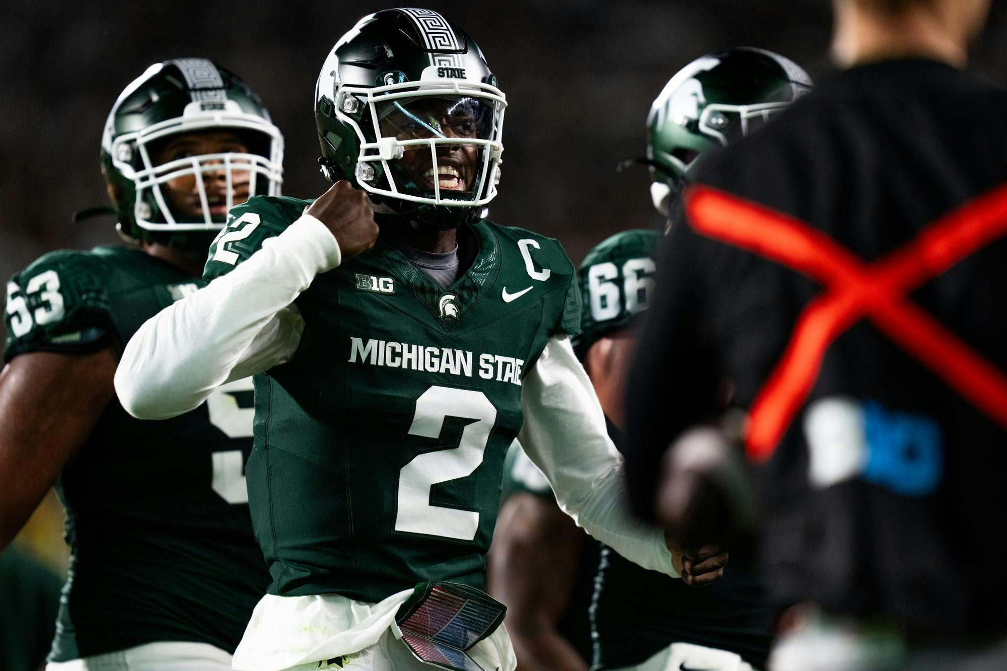 <p>Michigan State sophomore quarterback Aiden Chiles (2) shouts at a referee for missing a facemask call during a football game against the Ohio State Buckeyes at Spartan Stadium on Sept. 28, 2024. Despite a competitive first half, the Spartans fell 38-7 to the Buckeyes.</p>